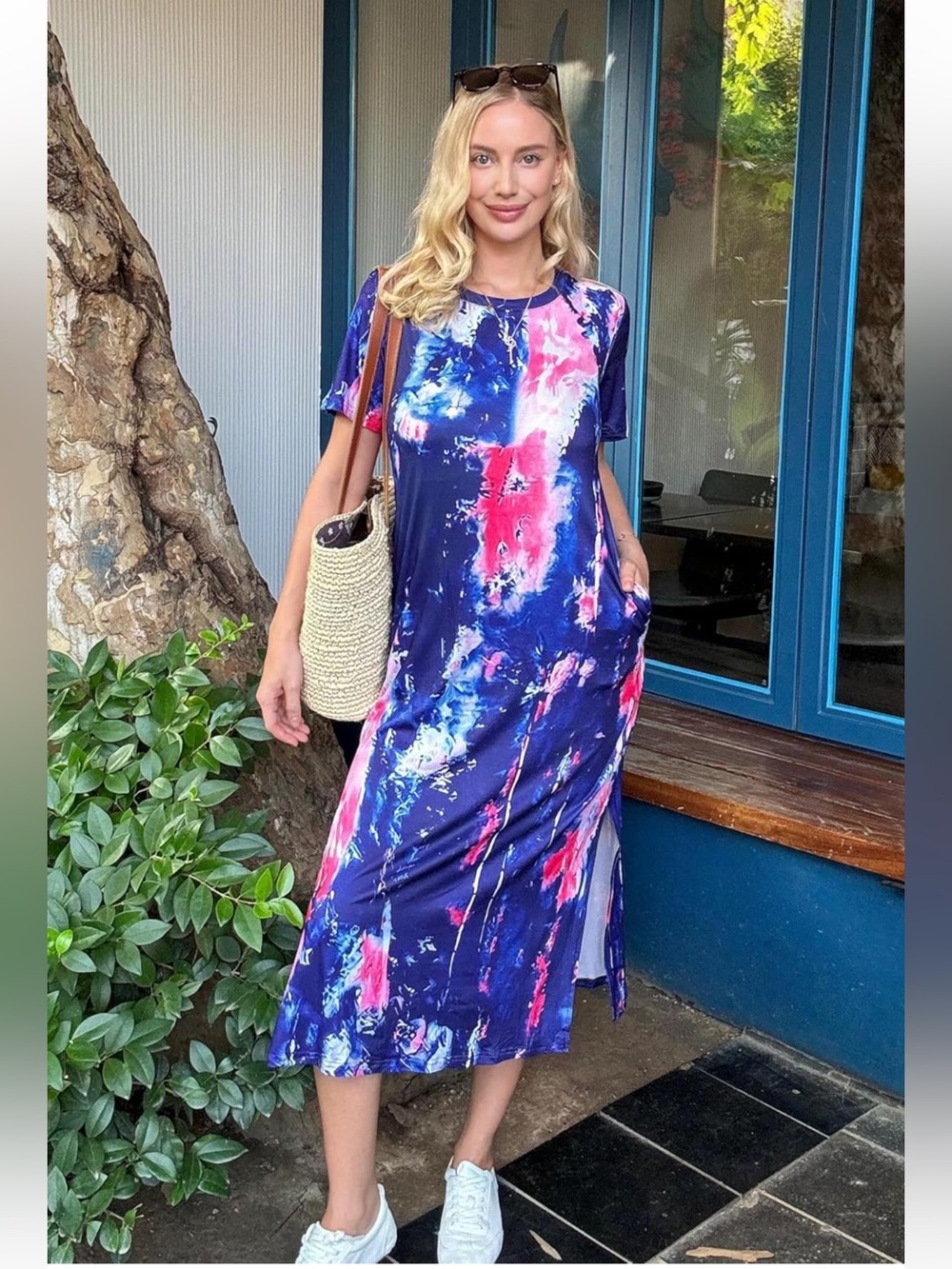 Tie-Dye Navy Midi Dress with Pink & Blue Accents by